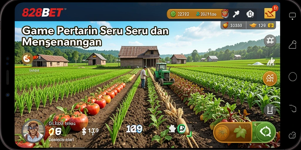 Tampilan gameplay utama 828BET dengan ladang dan aktivitas pertanian.
