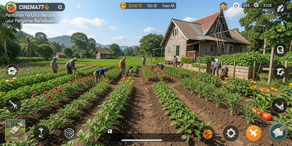 Tangkapan layar dari gameplay <strong>CINEMA77</strong> yang menunjukkan suasana pertanian yang hijau dan menyenangkan.