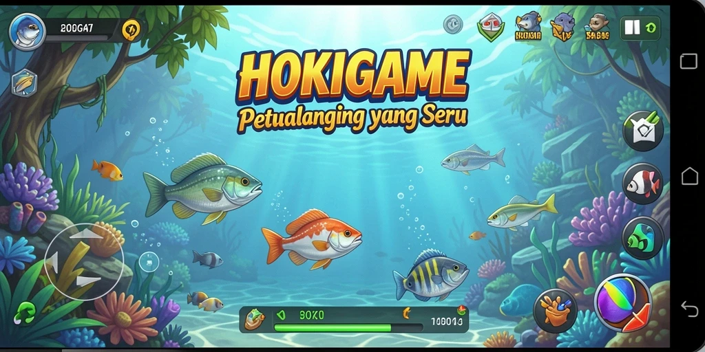 Tampilan gameplay HOKIGAME dengan suasana memancing yang menenangkan.