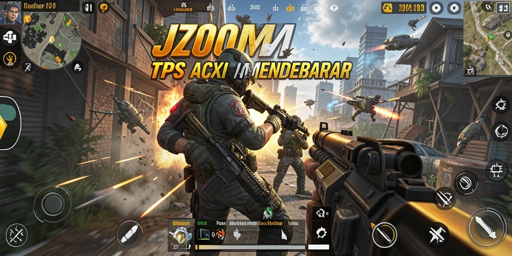 Screenshot utama J200M menampilkan aksi gameplay TPS yang seru.