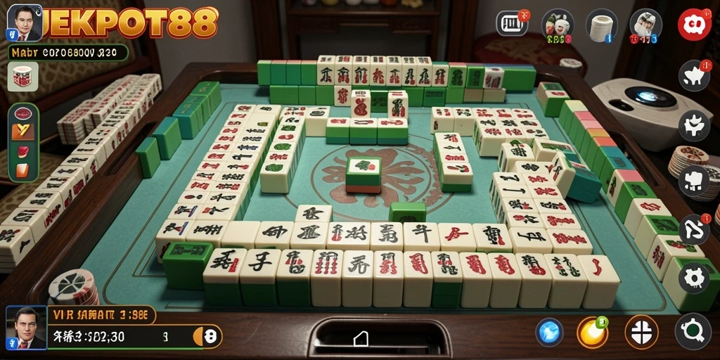 Tampilan gameplay JEKPOT88 yang menarik dengan elemen Mahjong yang khas.
