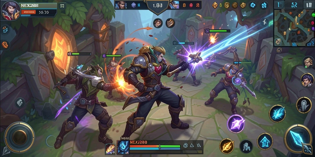 Tangkapan layar gameplay NEX288 yang menunjukkan aksi seru di arena tempur MOBA.