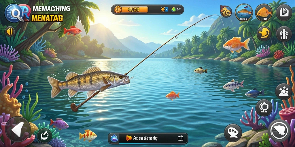 Screenshot menunjukkan pengalaman memancing yang mendebarkan dan lokasi yang menawan.