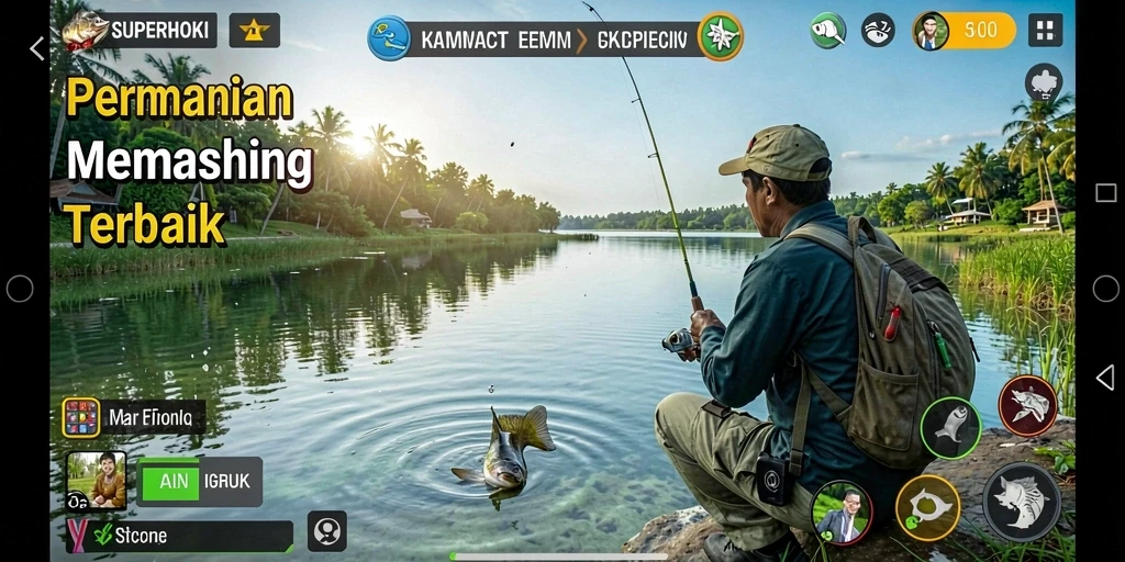 Screenshot gameplay SUPERHOKI menampilkan aksi memancing yang menarik.
