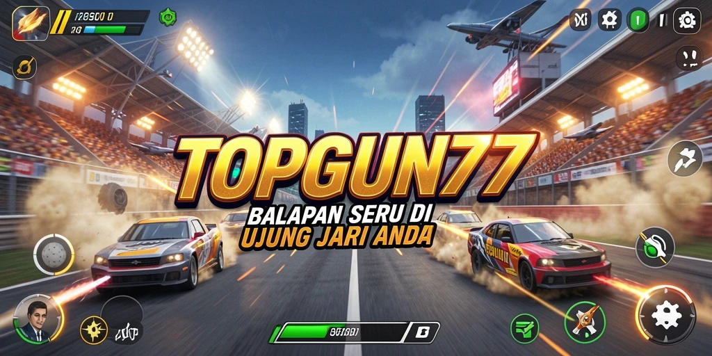 Screenshot gameplay <strong>TOPGUN77</strong> menampilkan mobil balap beraksi di trek menantang.