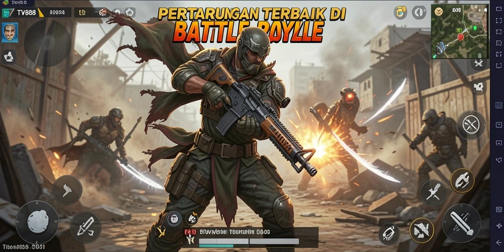 Tangkap layar gameplay TV888 dengan aksi Battle Royale intens.